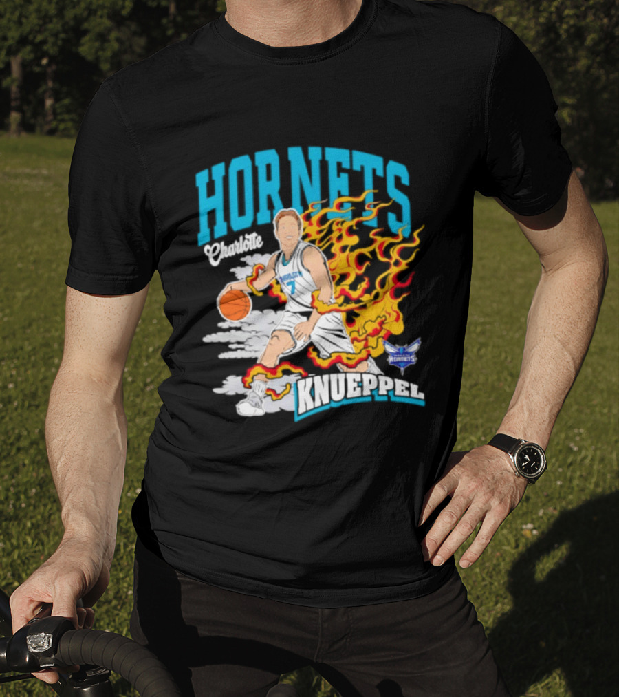 Charlotte Hornets Kon Knueppel Basketball With Flames Motif T-Shirt