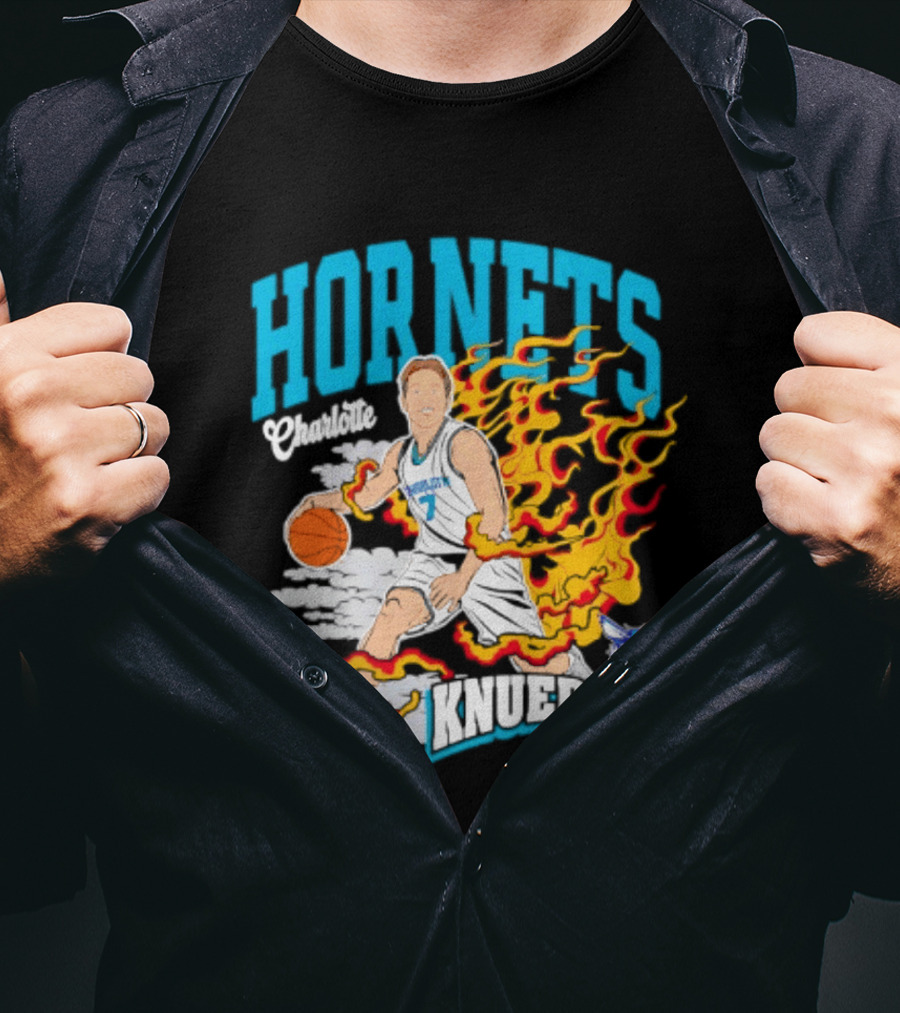 Charlotte Hornets Kon Knueppel Basketball With Flames Motif T-Shirt
