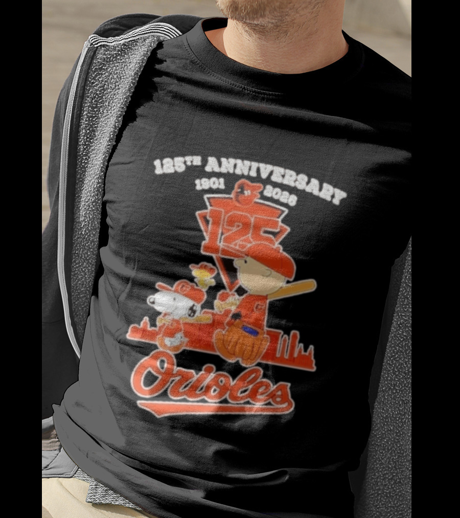 Peanuts Snoopy Baltimore Orioles 125th Anniversary 1901 2026 Skyline Baseball T-Shirt
