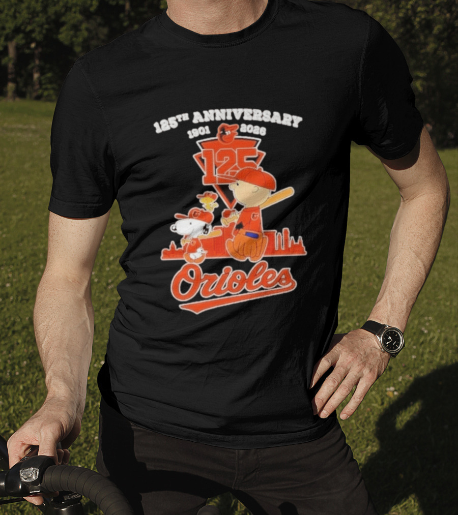 Peanuts Snoopy Baltimore Orioles 125th Anniversary 1901 2026 Skyline Baseball T-Shirt