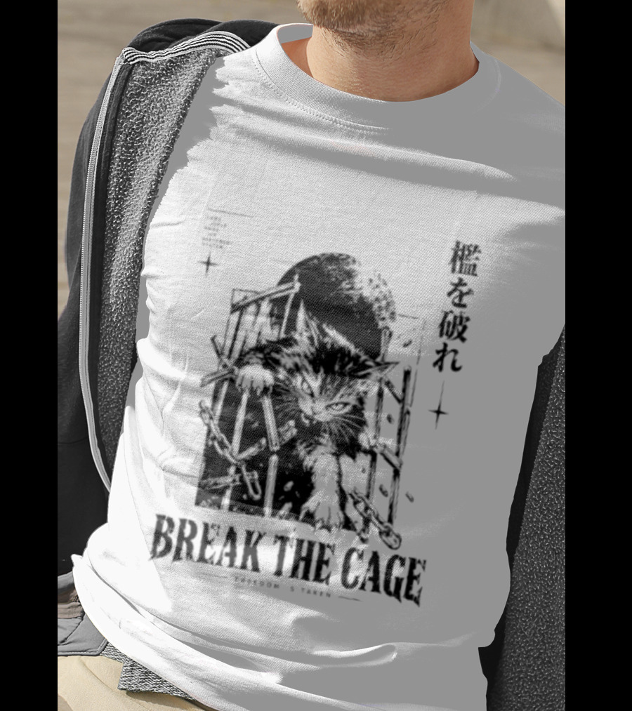 Break The Cage Freedom Is Taken Cat Kanji T-Shirt
