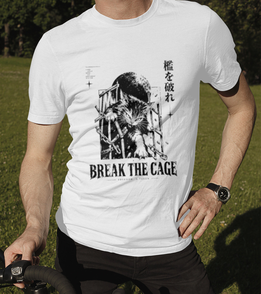 Break The Cage Freedom Is Taken Cat Kanji T-Shirt