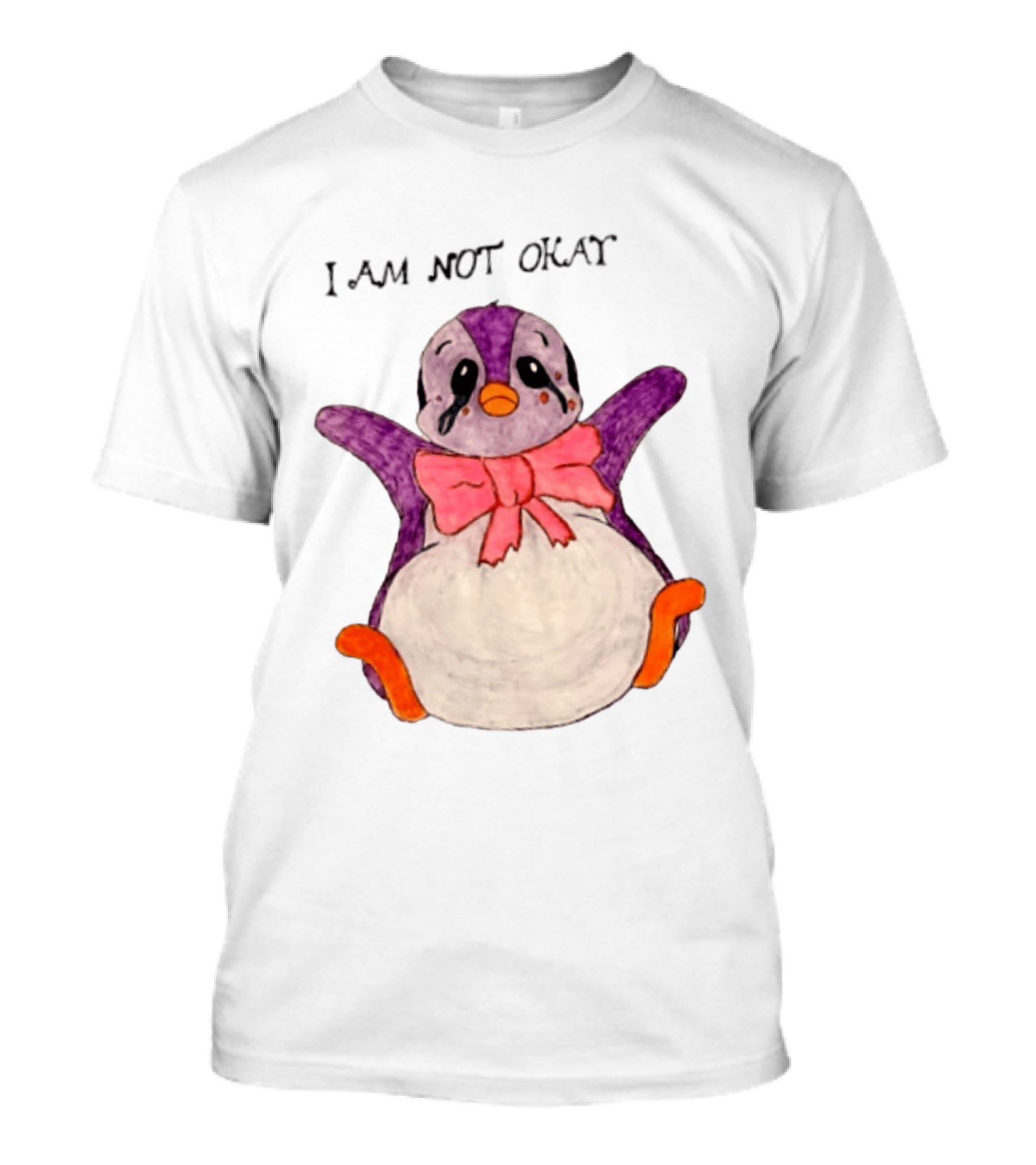 I Am Not Okay Crying Penguin Aesthetic Bow Tearful Purple Orange T-Shirt
