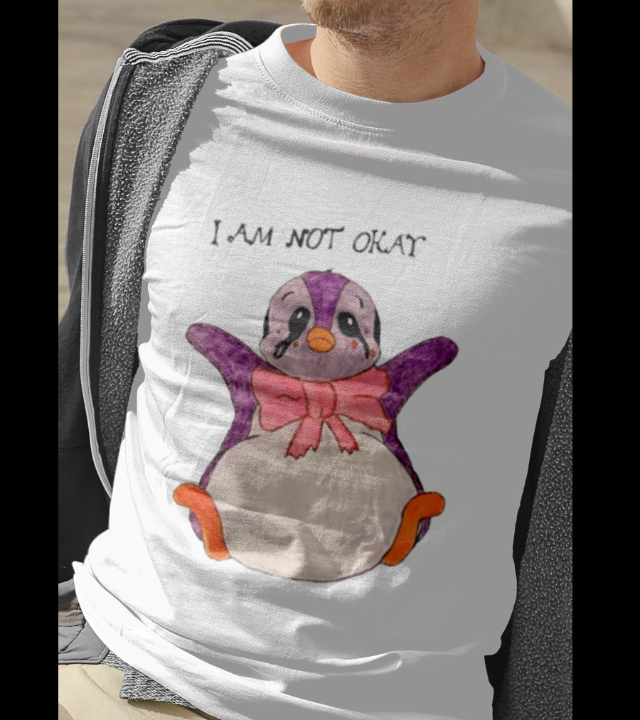 I Am Not Okay Crying Penguin Aesthetic Bow Tearful Purple Orange T-Shirt