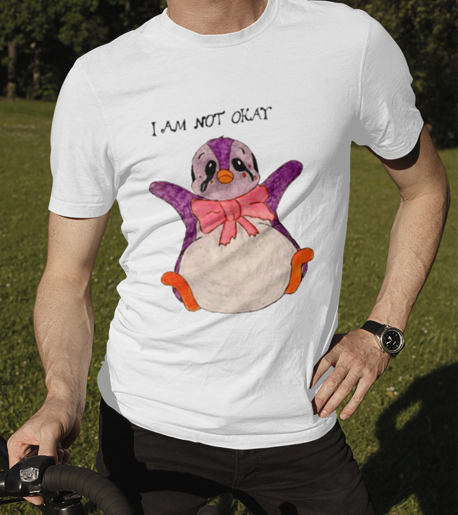 I Am Not Okay Crying Penguin Aesthetic Bow Tearful Purple Orange T-Shirt