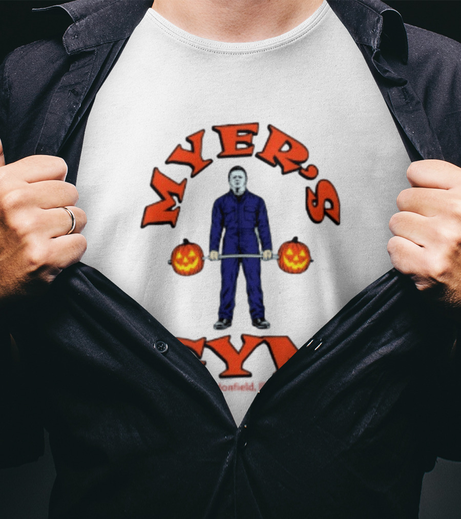Myers's Gym Haddonfield Illinois Michael Myers Jack O' Lantern Weightlifting Halloween T-Shirt