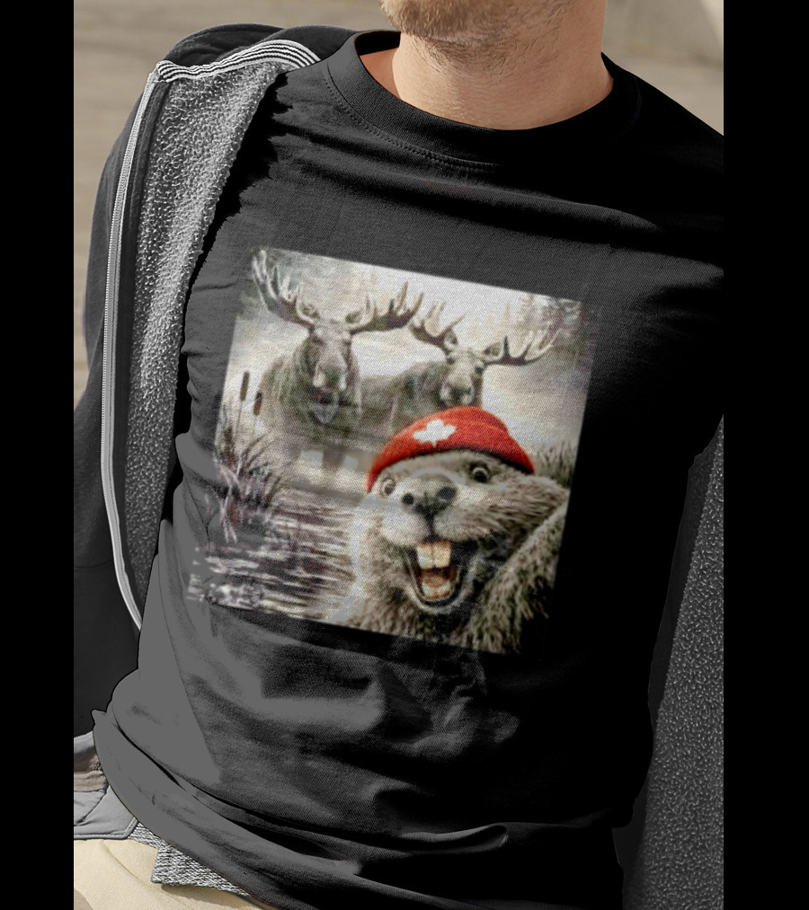 Beaver With Maple Leaf Beanie And Moose Forest Scene T-Shirt