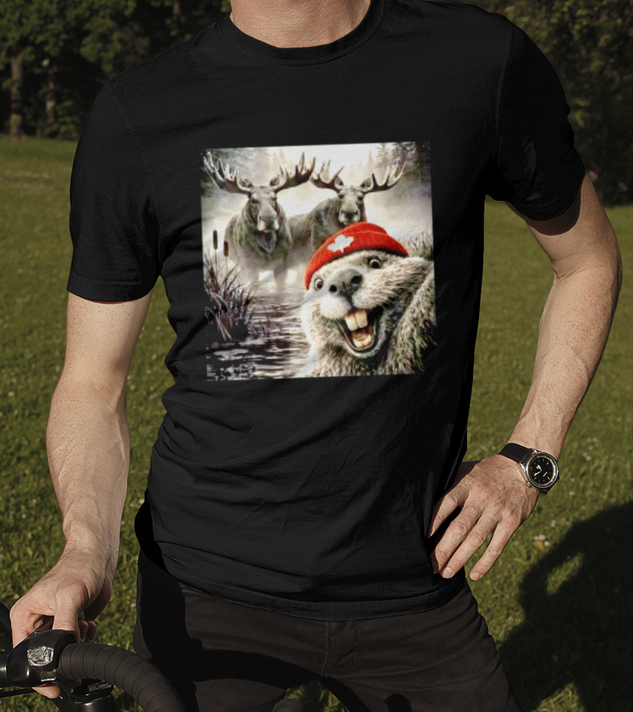 Beaver With Maple Leaf Beanie And Moose Forest Scene T-Shirt