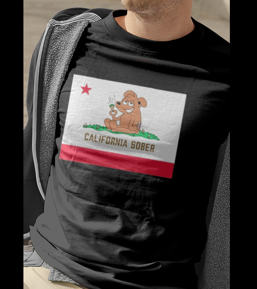 California Sober Bear With Joint And Drink State Flag T-Shirt