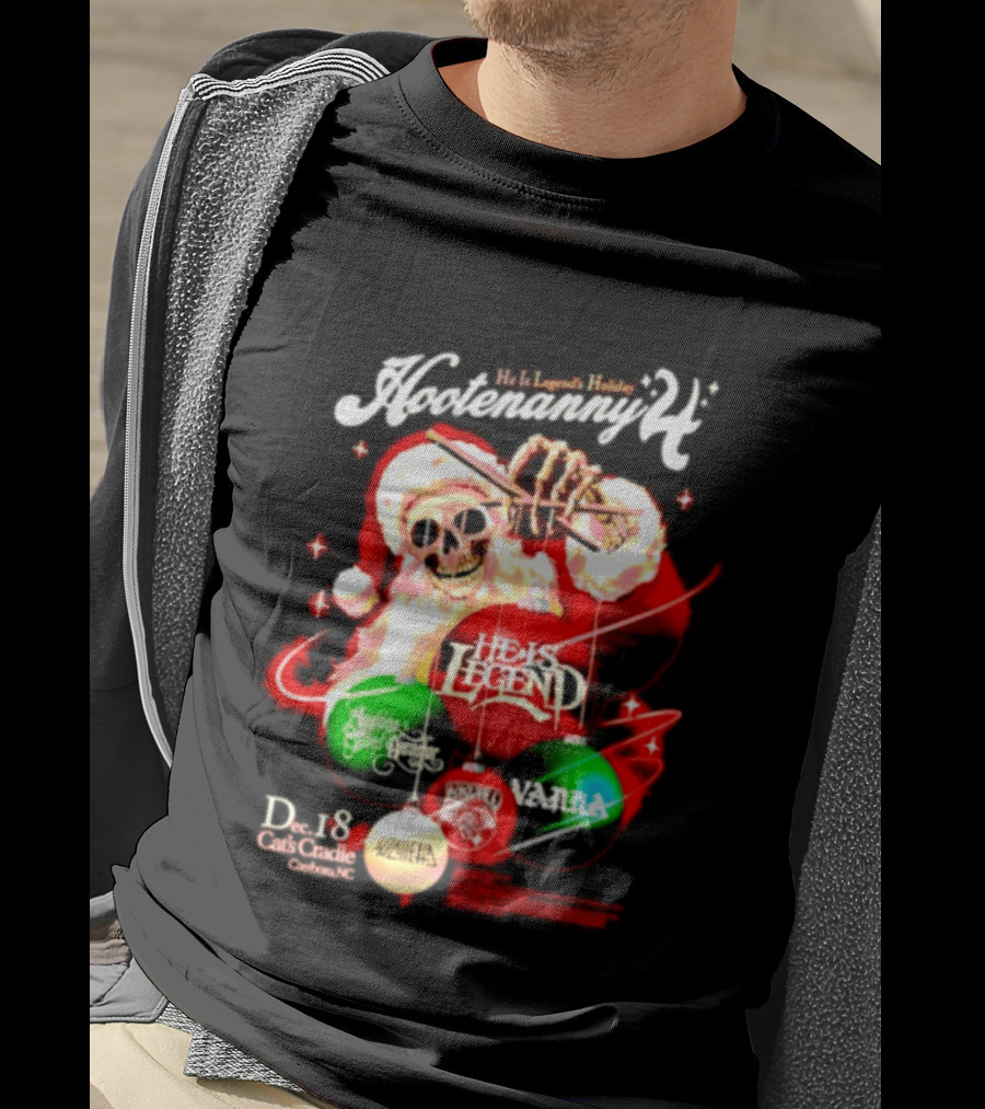 Holiday Hootenanny He Is Legend Skeleton Santa Cat's Cradle Carrboro NC Christmas T-Shirt
