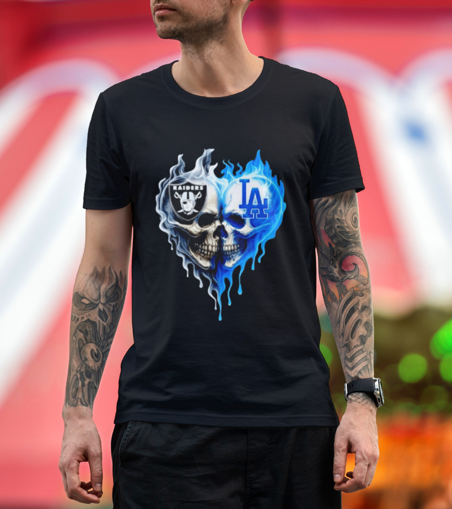 Las Vegas Raiders Los Angeles Dodgers Skulls Heart Blue Flames T-Shirt