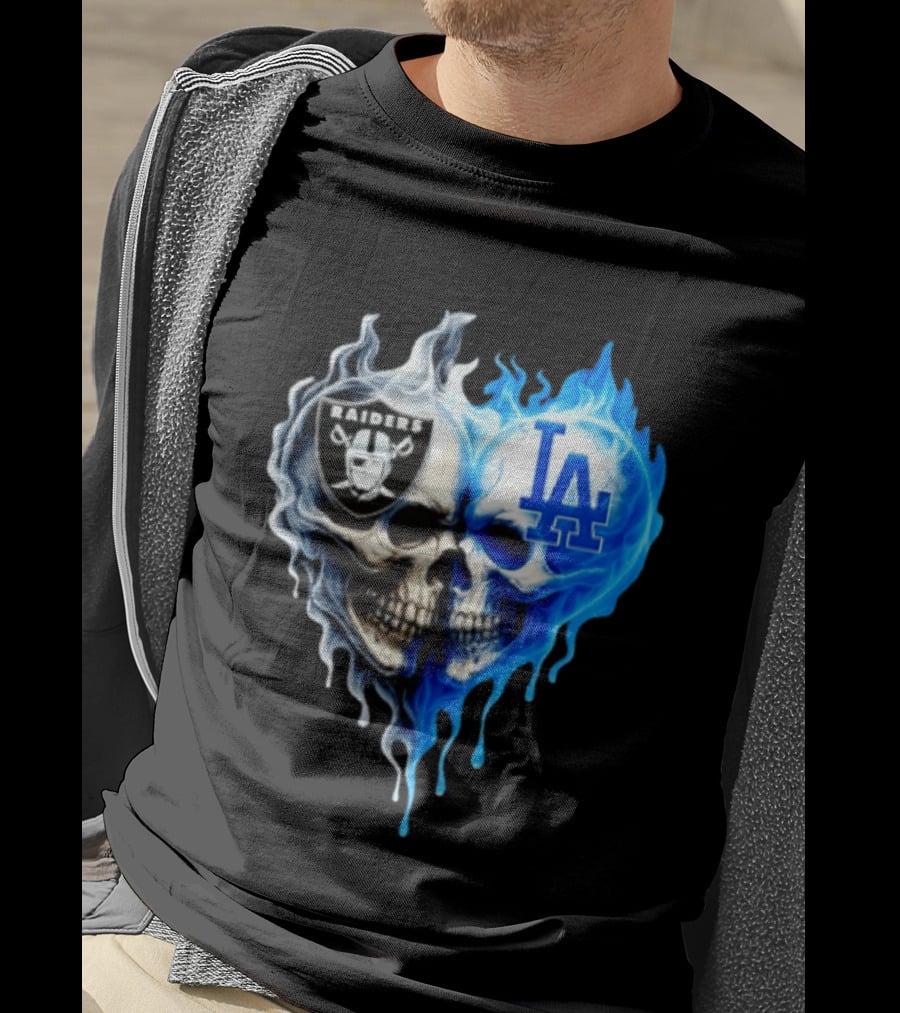 Las Vegas Raiders Los Angeles Dodgers Skulls Heart Blue Flames T-Shirt