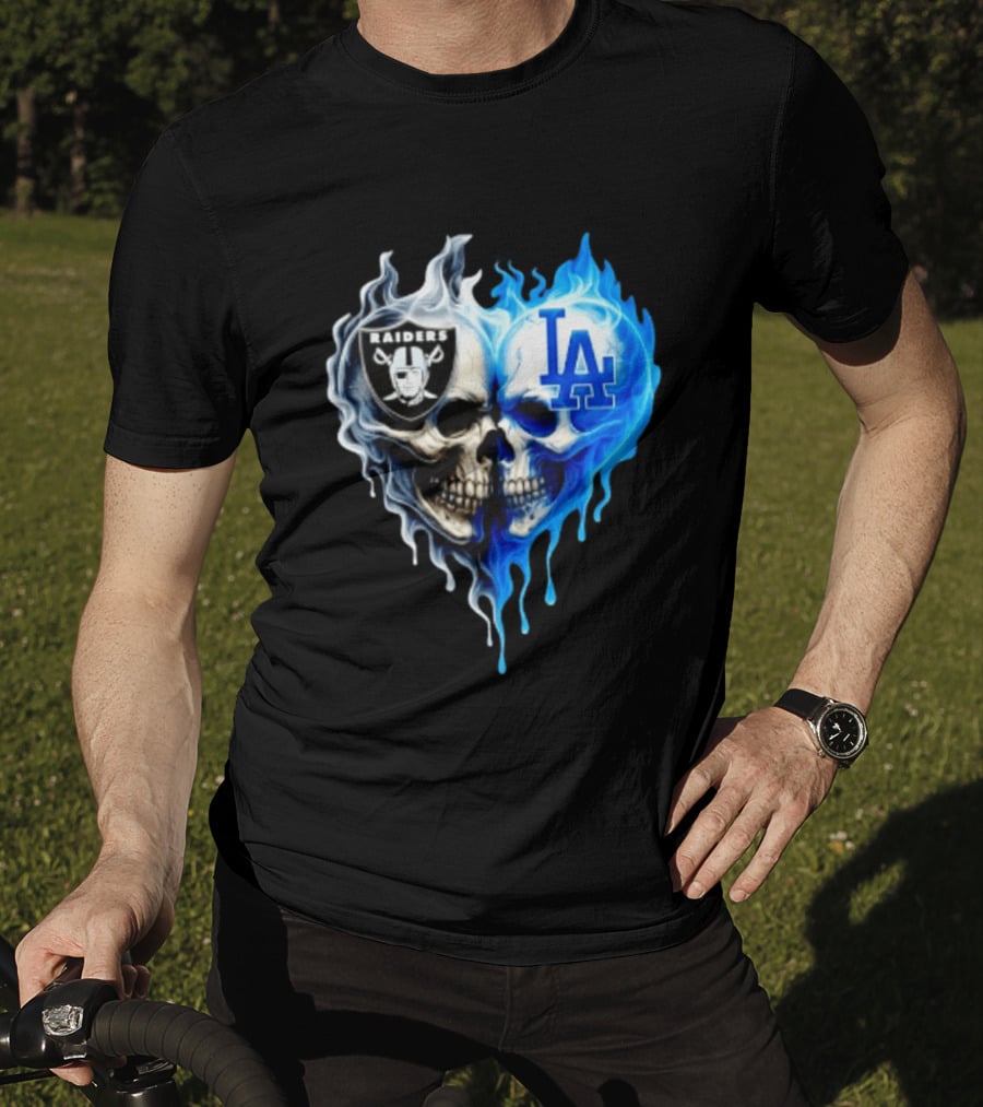 Las Vegas Raiders Los Angeles Dodgers Skulls Heart Blue Flames T-Shirt