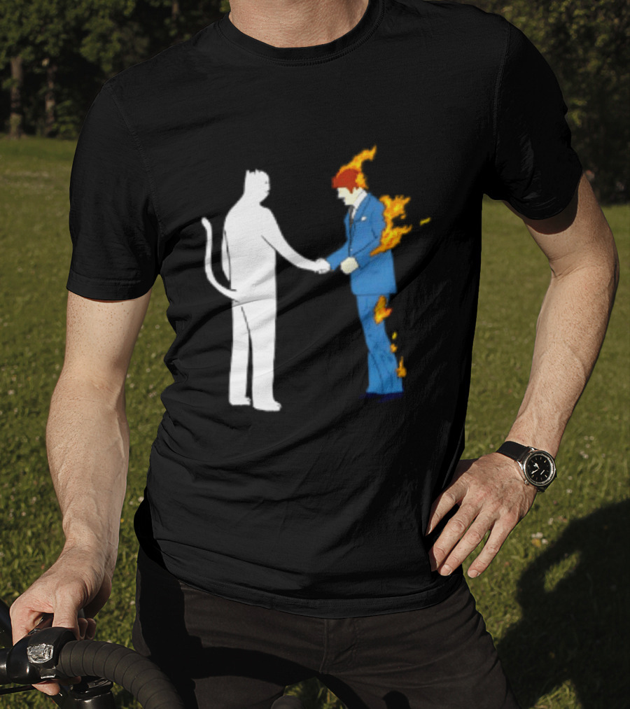 Rip N Dip Cat Handshake Burning Man Suit On Fire T-Shirt