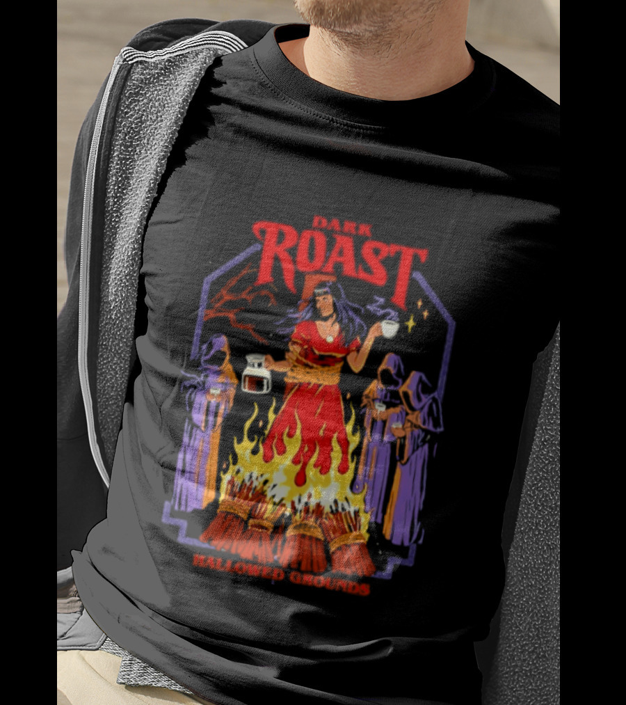 Dark Roast Hallowed Grounds Coffee Witch Brewing Flames And Rituals T-Shirt