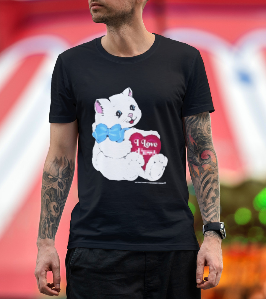 I Love Pussy Cats Heart Blue Bow Adorable White Kitten T-Shirt
