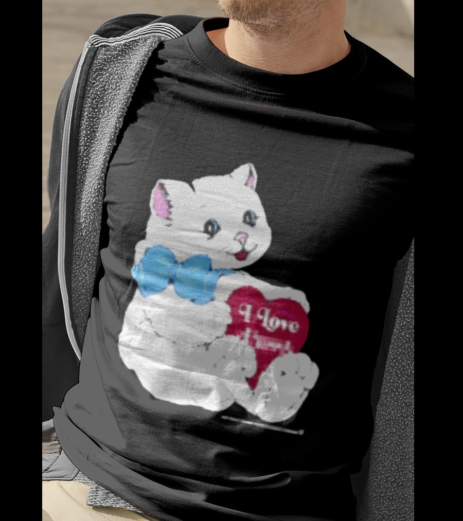 I Love Pussy Cats Heart Blue Bow Adorable White Kitten T-Shirt