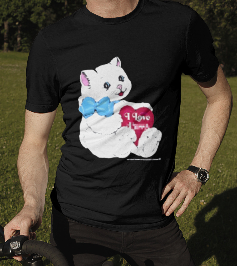I Love Pussy Cats Heart Blue Bow Adorable White Kitten T-Shirt