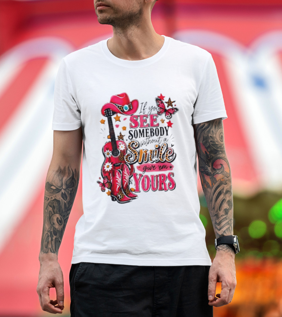 If You See Somebody Without A Smile Give 'Em Yours Cowgirl Pink Hat Boots Butterfly Leopard Print T-Shirt