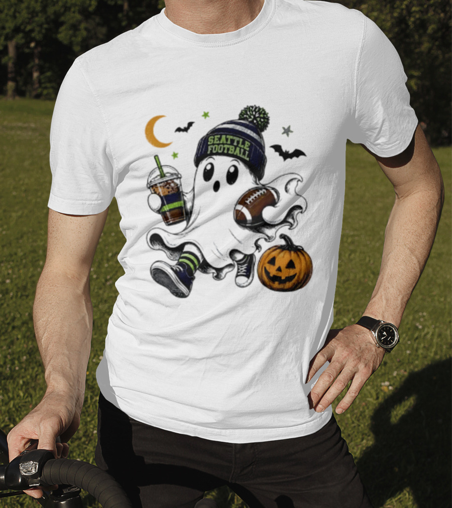 Seattle Football Halloween Ghost With Pumpkin Coffee And Moon T-Shirt