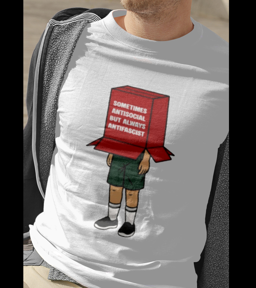 Sometimes Antisocial But Always Antifascist Box Head Cartoon T-Shirt
