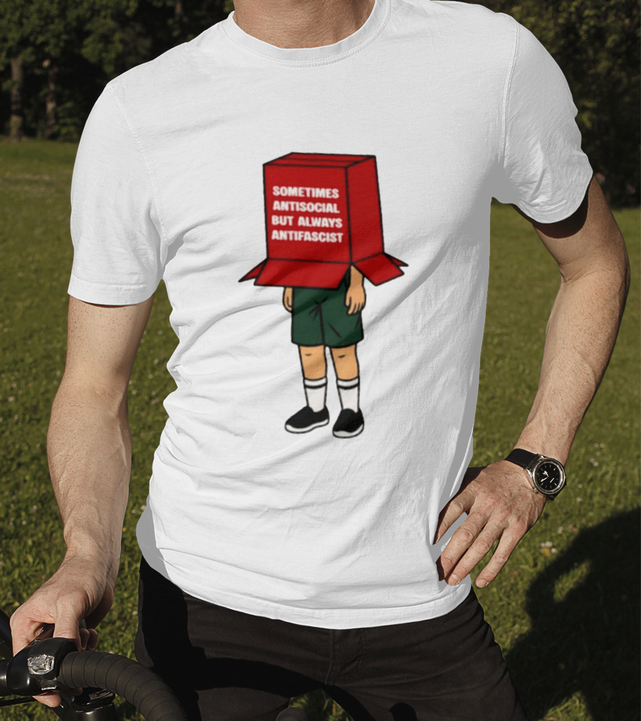 Sometimes Antisocial But Always Antifascist Box Head Cartoon T-Shirt