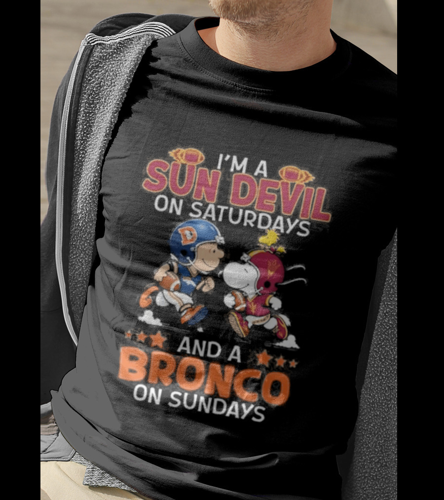 Charlie Brown Snoopy Sun Devil Saturdays Broncos Sundays Football Fan Duo T-Shirt