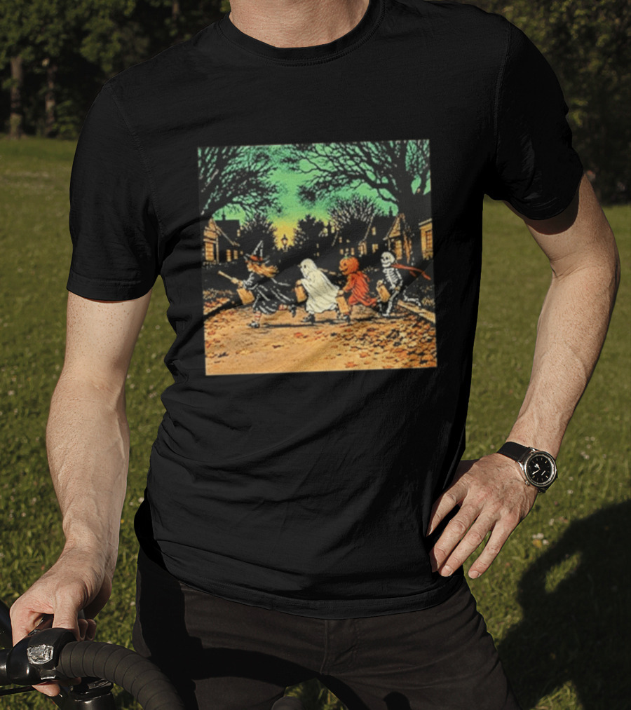 Trick Or Treat Witch Ghost Pumpkin Skeleton Halloween Scene T-Shirt