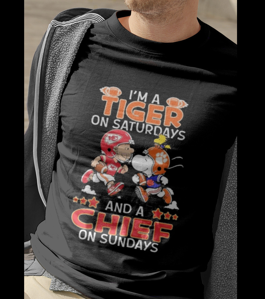 Charlie Brown Snoopy Tiger Saturdays Chief Sundays Football T-Shirt