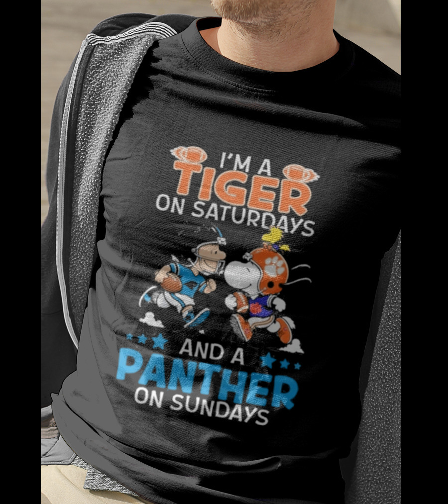 Charlie Brown Snoopy Tiger Saturdays Panther Sundays Football T-Shirt