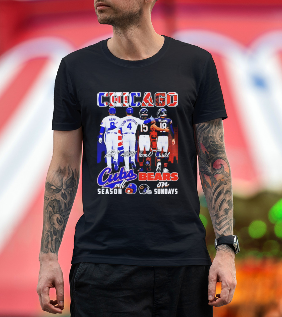 Chicago Cubs Happ And Bote Bears Fields And Moore Signature Skyline Sundays All Season T-Shirt