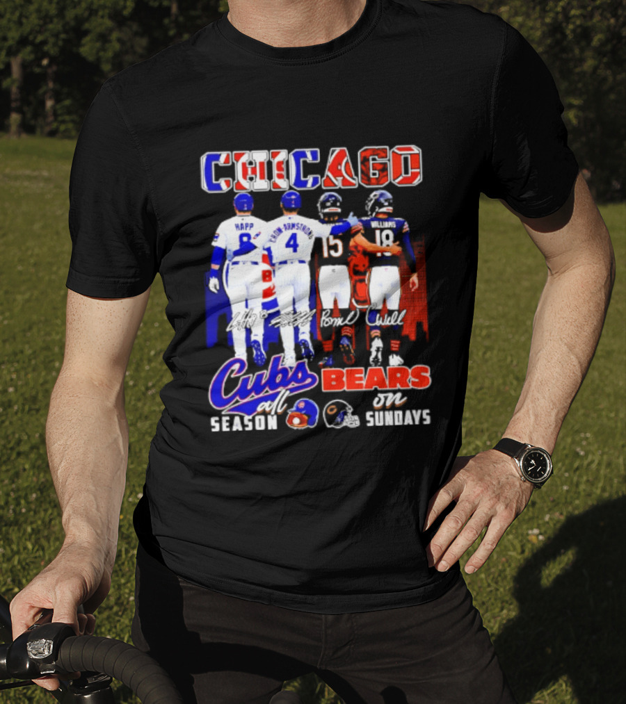 Chicago Cubs Happ And Bote Bears Fields And Moore Signature Skyline Sundays All Season T-Shirt