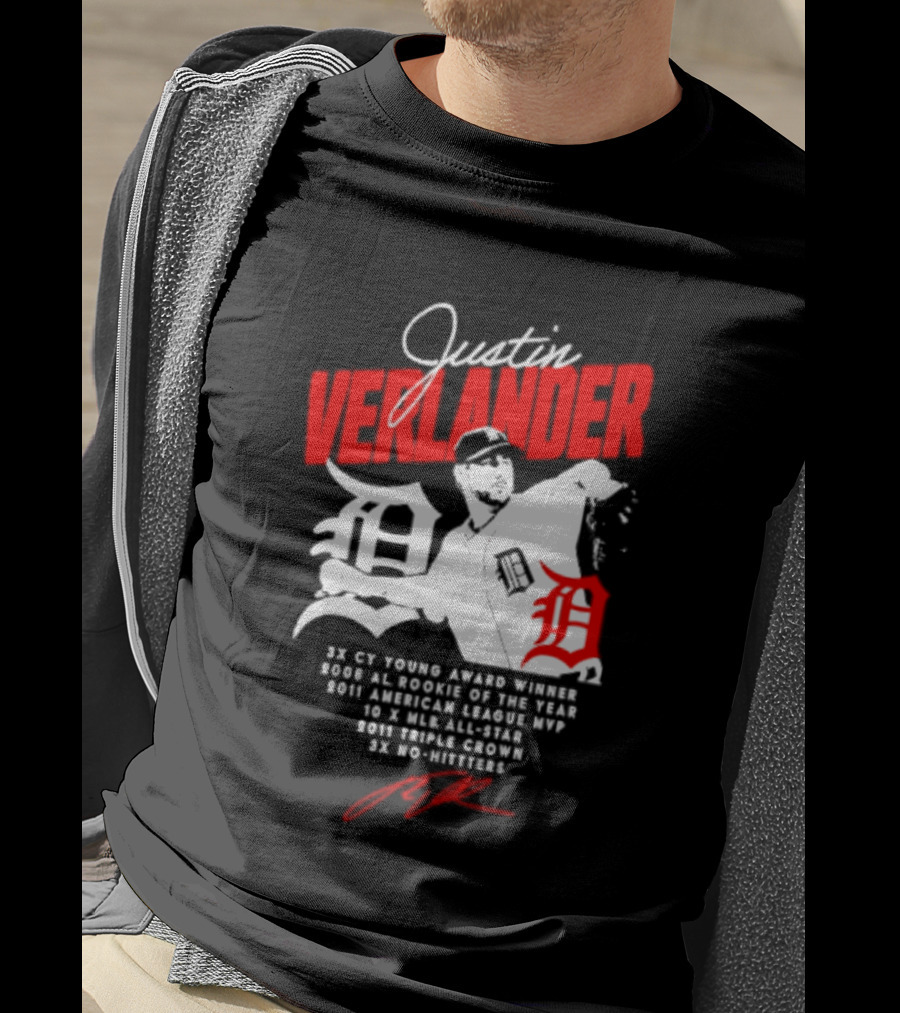 Detroit Tigers Justin Verlander No Hitter AL Rookie MVP Cy Young Winner MLB Career T-Shirt