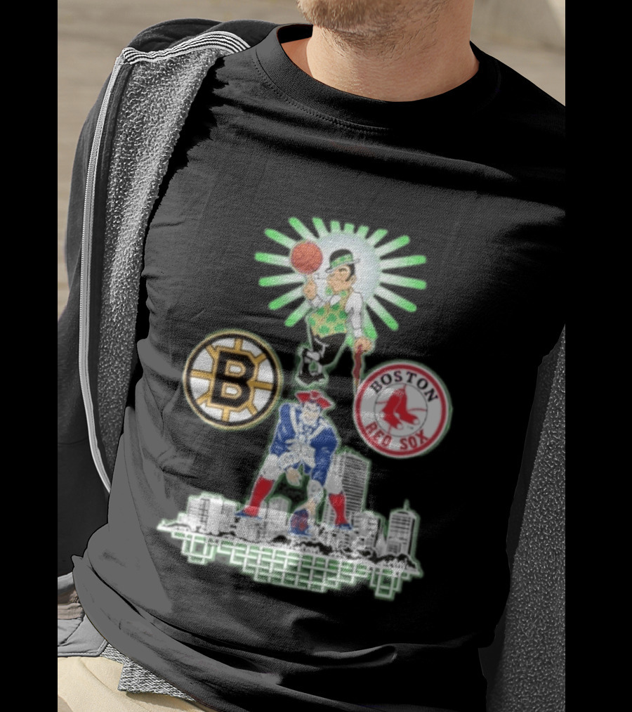 Boston Celtics Red Sox Bruins Skyline Triple Team Sports Boston T-Shirt