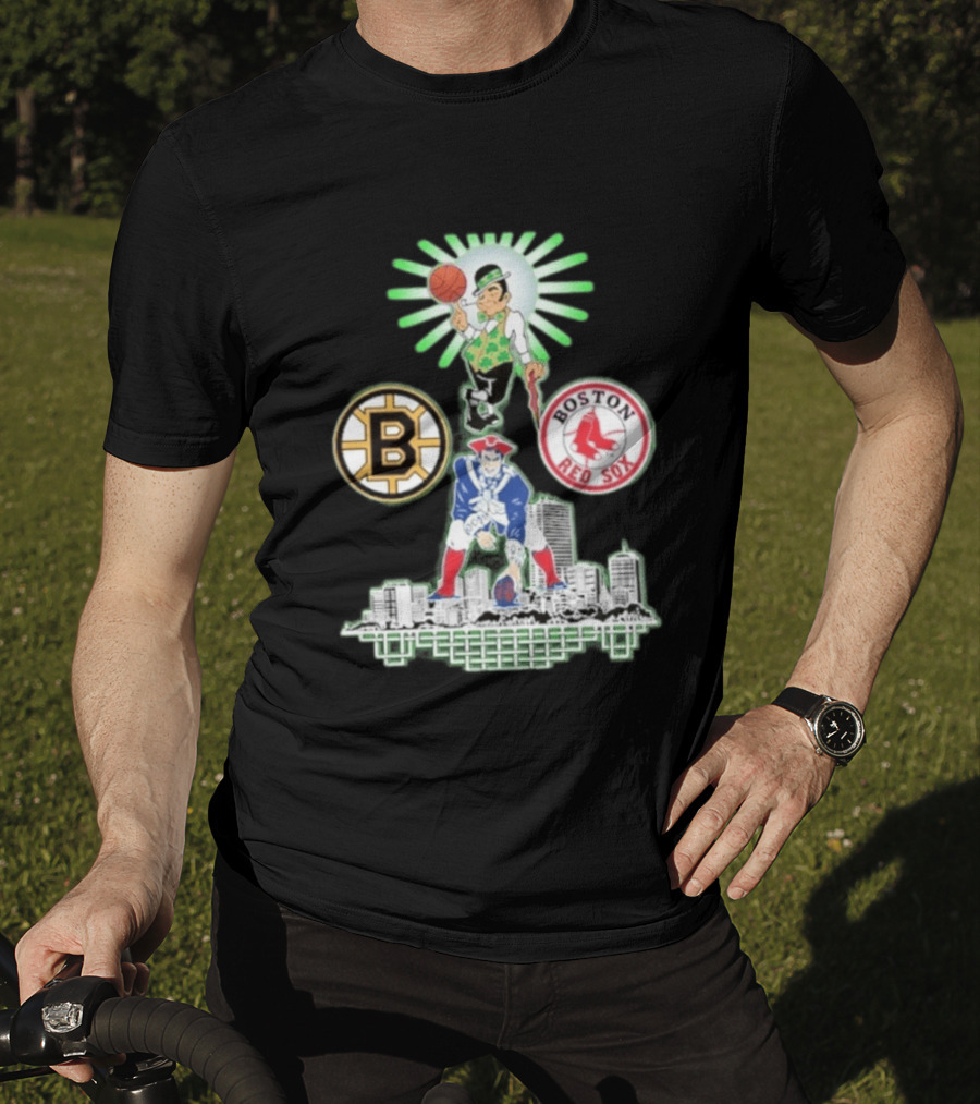 Boston Celtics Red Sox Bruins Skyline Triple Team Sports Boston T-Shirt