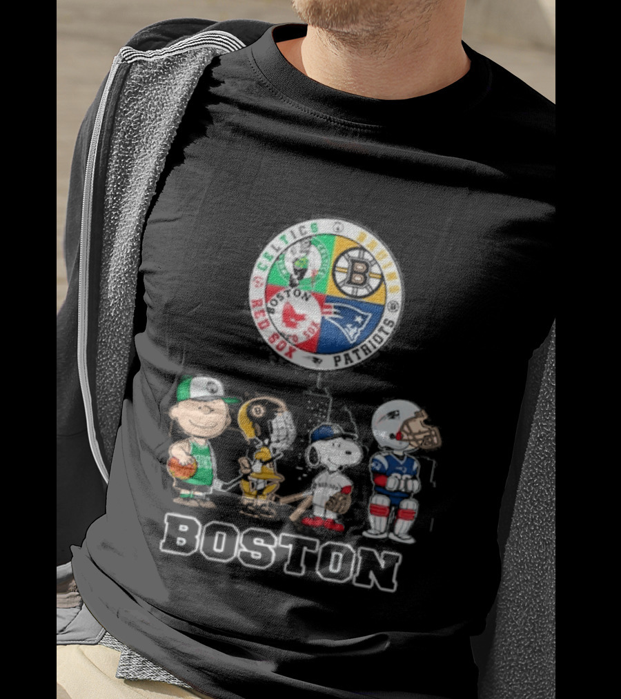 Boston Celtics Bruins Red Sox Patriots Cartoon Characters Skyline Sports T-Shirt