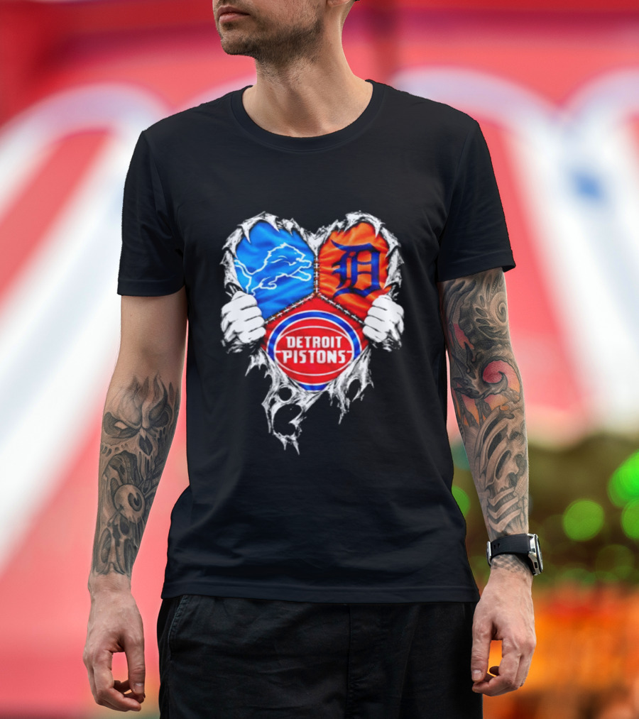 Detroit Lions Tigers Pistons Heart Scratch Mashup T-Shirt
