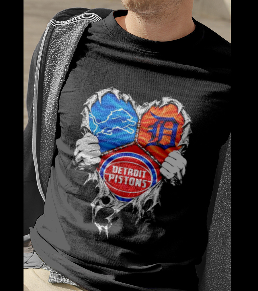 Detroit Lions Tigers Pistons Heart Scratch Mashup T-Shirt