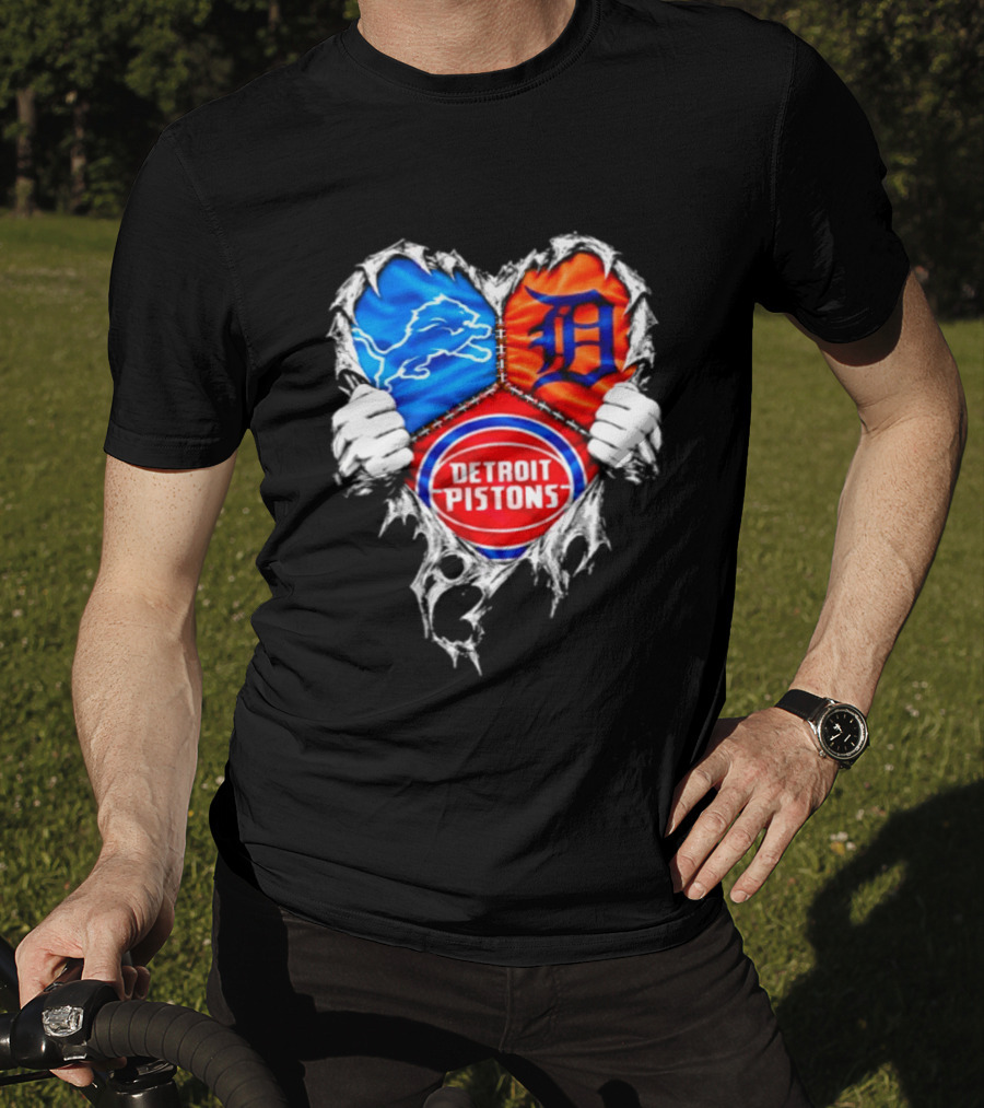 Detroit Lions Tigers Pistons Heart Scratch Mashup T-Shirt