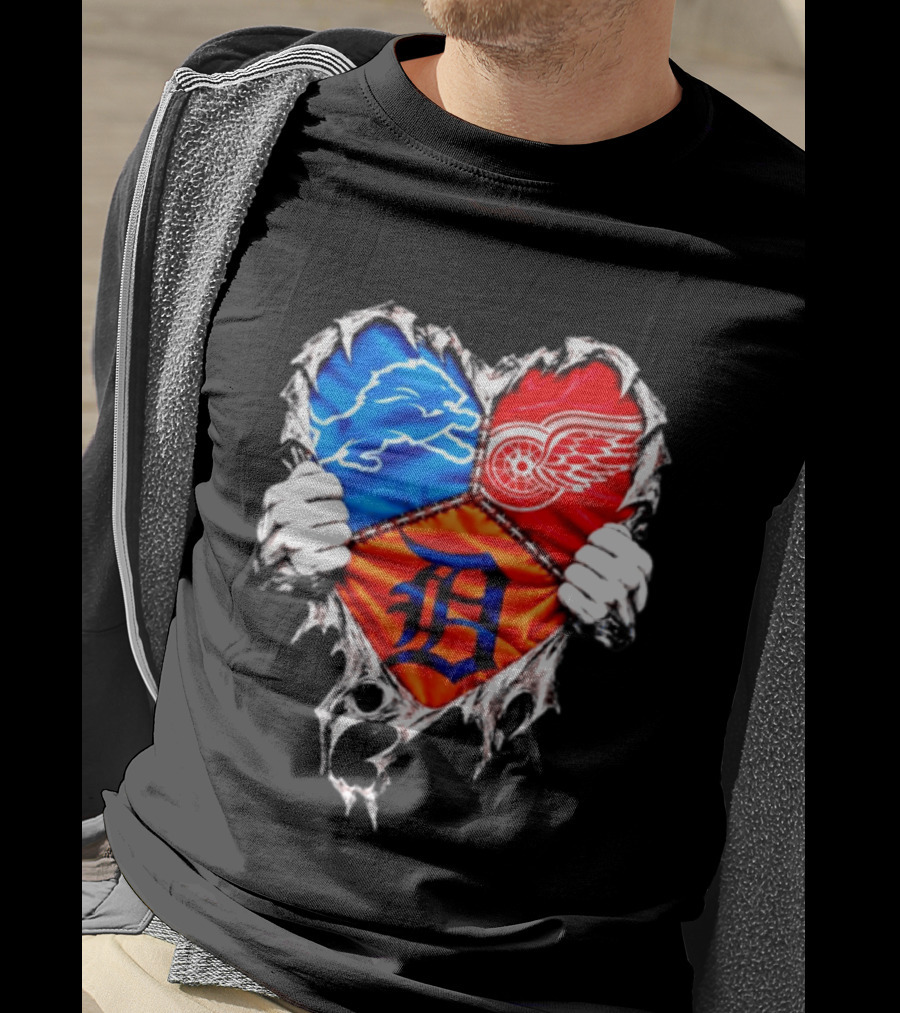 Detroit Lions Red Wings Tigers Heart Scratch Mashup T-Shirt