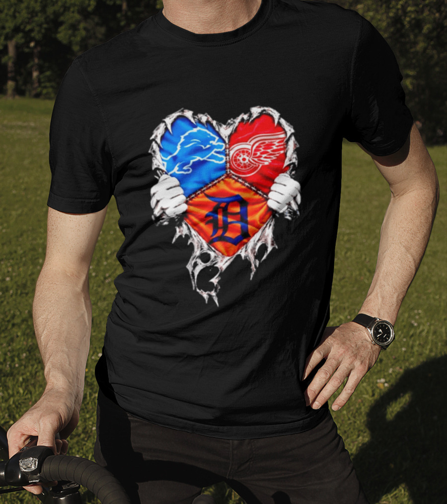 Detroit Lions Red Wings Tigers Heart Scratch Mashup T-Shirt