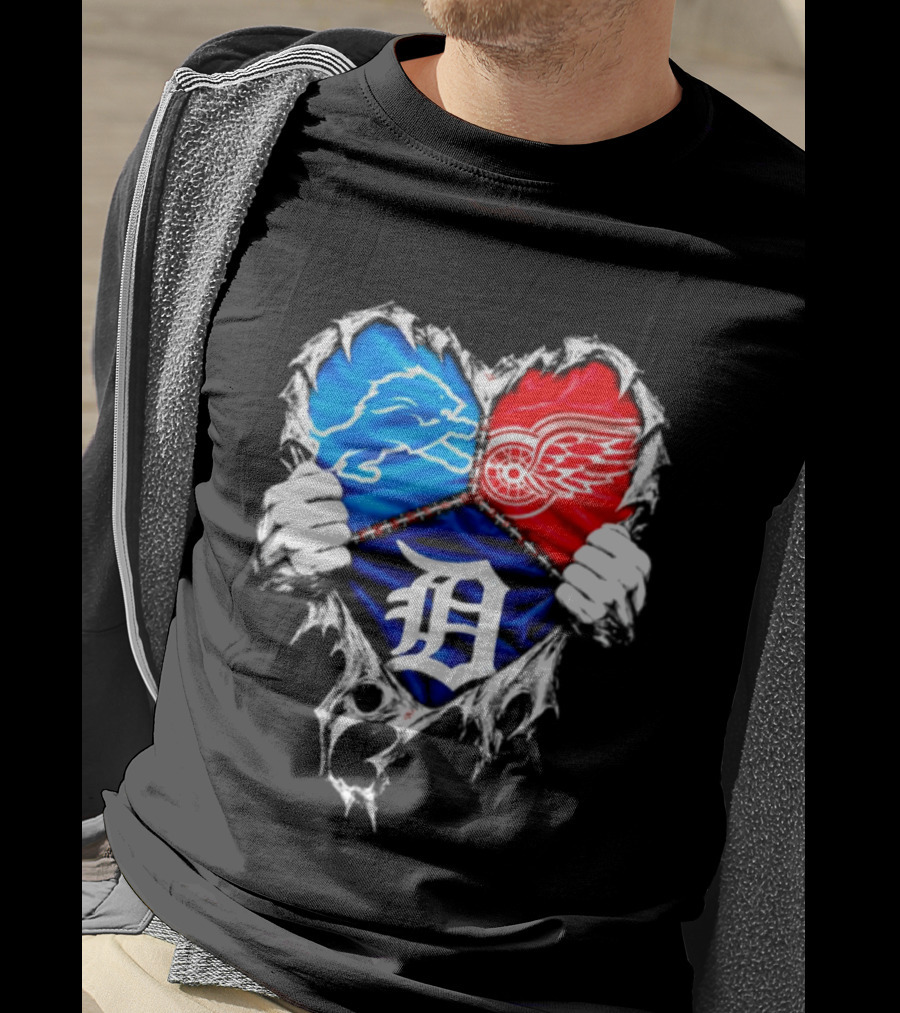 Detroit Lions Red Wings Tigers Heart Scratch Mashup T-Shirt