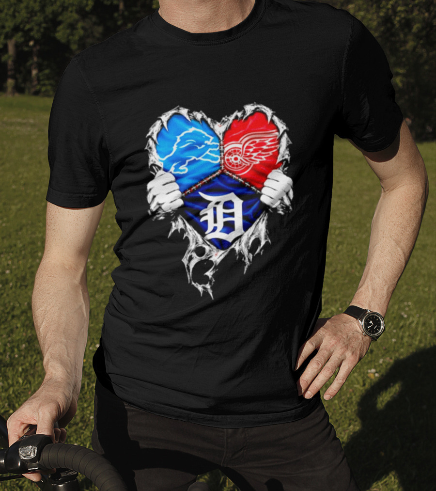 Detroit Lions Red Wings Tigers Heart Scratch Mashup T-Shirt