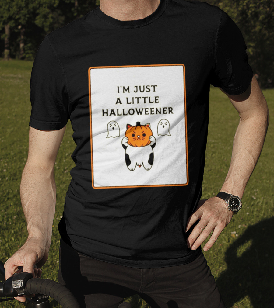 I'm Just A Little Halloweener Cat Holding Pumpkin Face With Ghosts T-Shirt