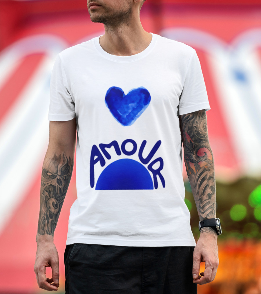 Amour Blue Heart French Love Watercolor T-Shirt