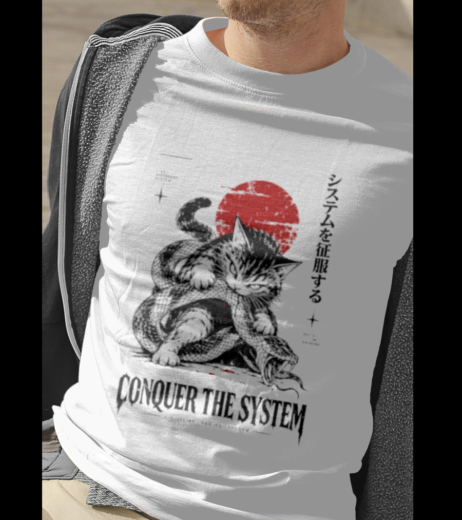 Cat Conquer The System Discipline Creates Freedom Japanese Style Red Sun T-Shirt