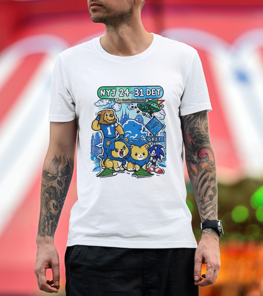 NYJ 24 31 DET Corndoggy Sports Grit Lions Cityscape T-Shirt