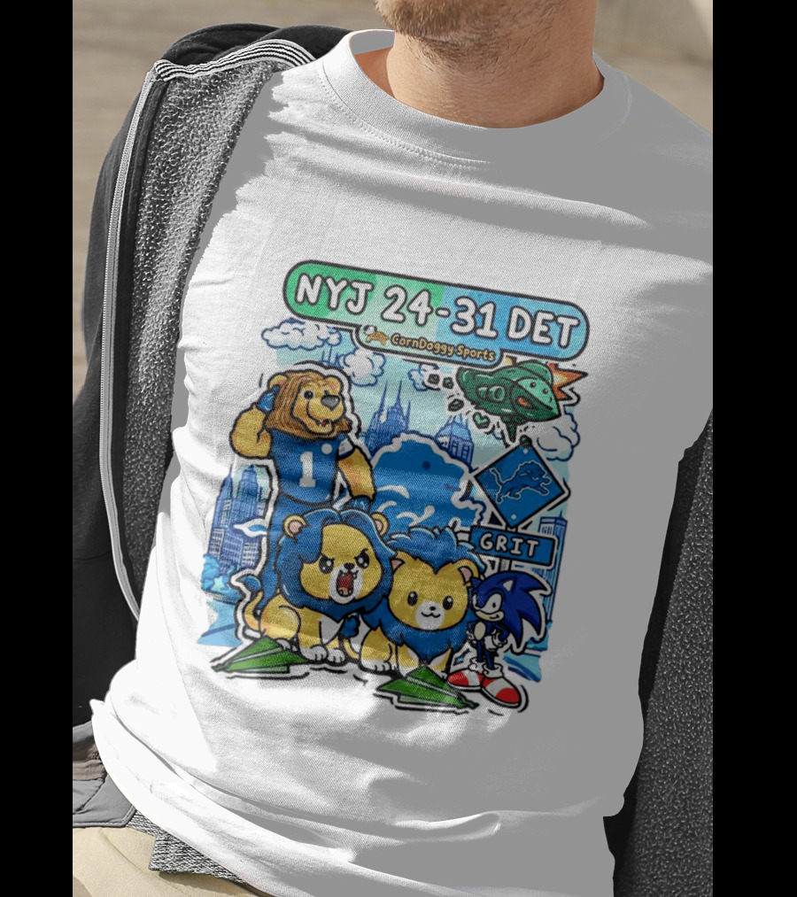 NYJ 24 31 DET Corndoggy Sports Grit Lions Cityscape T-Shirt