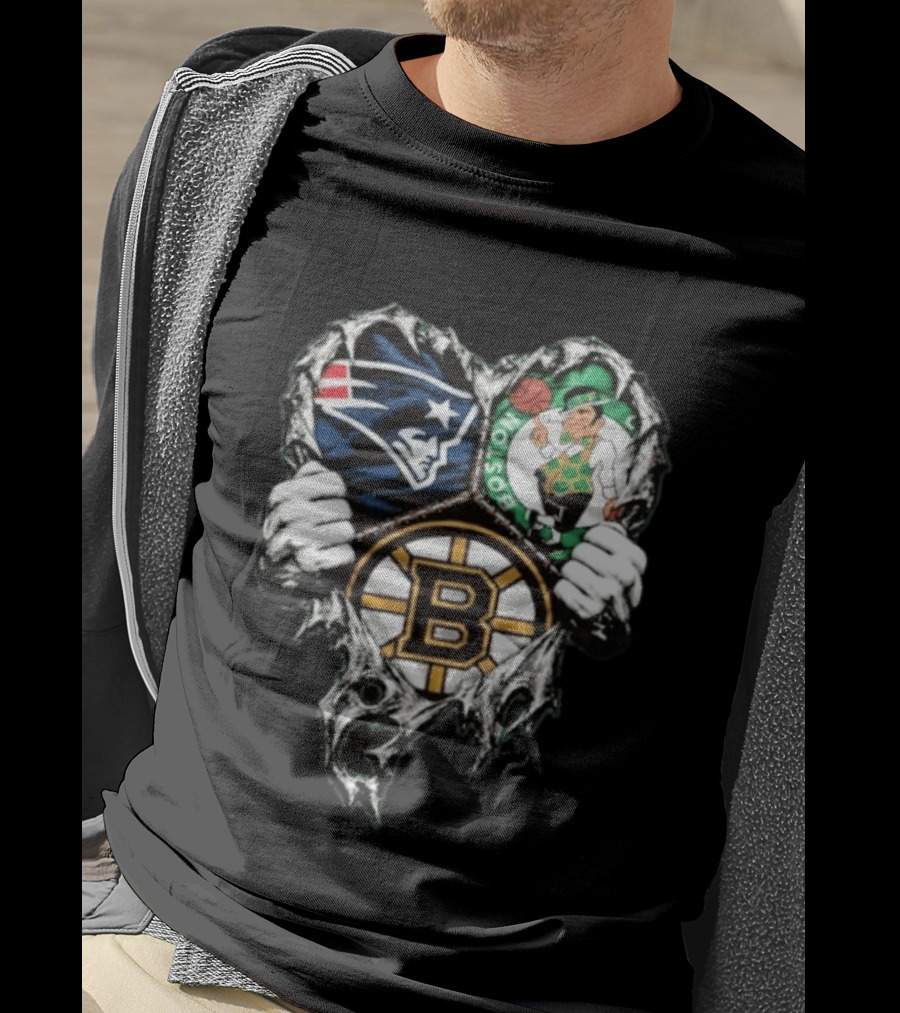 New England Patriots Boston Celtics Boston Bruins Ripped Heart Triple Team Sports T-Shirt