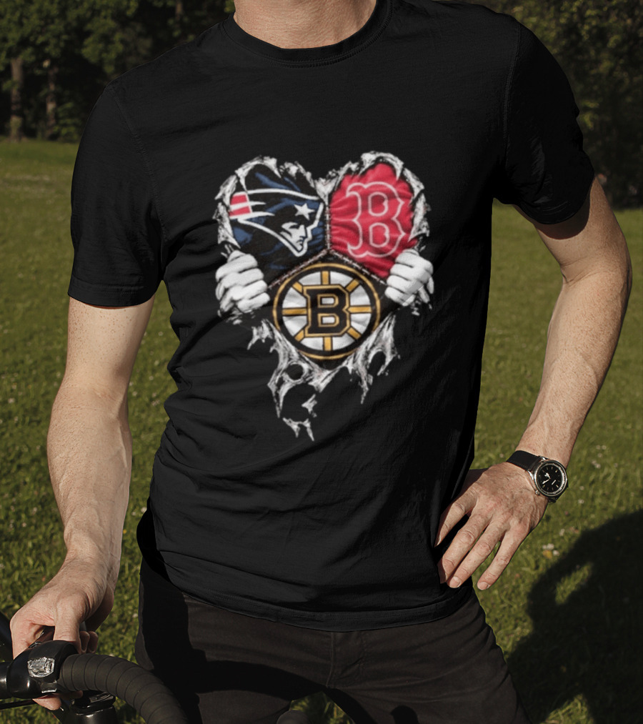 New England Patriots Boston Red Sox Boston Bruins Heart Iconic Trio T-Shirt